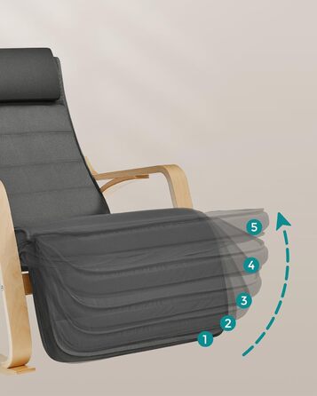 Крісло-гойдалка SONGMICS з підлокітниками з березового дерева, крісло-гойдалка, регульована підставка для ніг у 5 положеннях, вантажопідйомність до 150 кг, для спальні, вітальні, темно-сірий-натуральний LYY10G сірий бавовна-поліестер