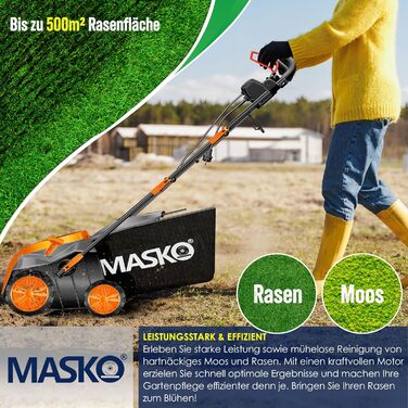 В-1 Аератор-Вертикуттер 1800 Вт, ширина захвату 40 см, мішок для збору 55 л, з валом-аератором, видаляє мох, 20 сталевих ножів, 5 рівнів регулювання глибини, регульована по висоті ручка, помаранчевий, 2-