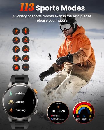Чоловічий смарт-годинник з акумулятором 1000 мАг/світлодіодним ліхтариком, 1,91-дюймовий AMOLED 5ATM смарт-годинник військовий фітнес-трекер з функцією телефону, 113 спортивних режимів, спортивний годинник/цілодобовий монітор серцевого ритму/монітор сну/S