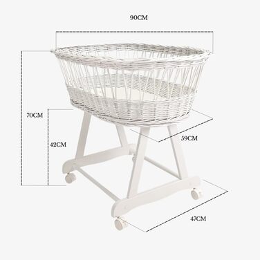 Дитяча колиска з колесами та гальмами Білий кошик Moses з натуральної верби, включаючи матрац та білу постільну білизну зі 100 бавовни, сертифікована Oeko-Tex безпечна та мобільна Модель Amelia