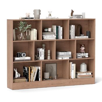 Книжкова полиця COSTWAY з 10 відділеннями, 3-рівнева окремостояча полиця, кубічна полиця, офісна полиця, полиця для зберігання речей для вітальні, спальні, кабінету, офісу, 140 x 24 x 104 см (натуральний колір) Натуральний 10 відділень (140 x 24 x 104 см)