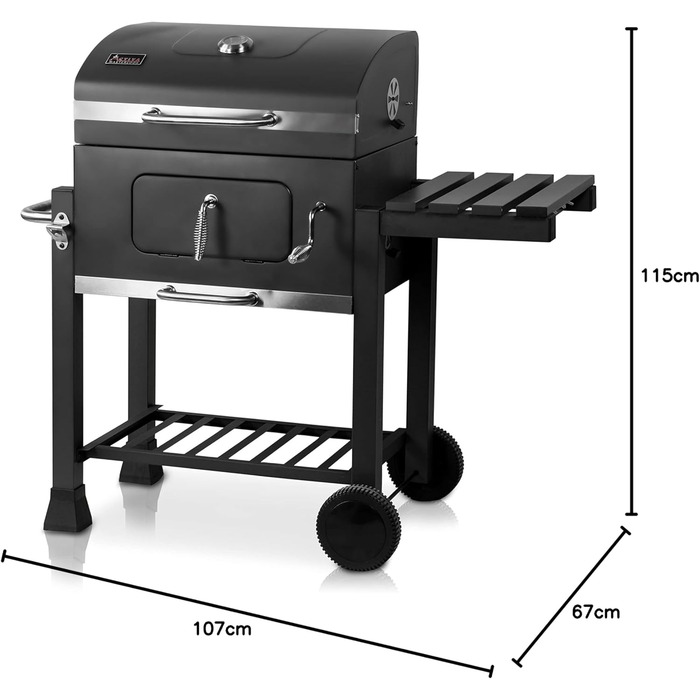 Кутовий чавунний мангал з чавунною решіткою I Мангал з кришкою, регульованим піддоном для вугілля та термометром I Візок для барбе