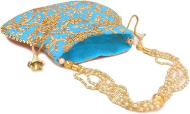 Вишукана індійська сумочка-поклаж Потлі з квітковою вишивкою, оливково-зелений бавовняний клатч з зав'язками для весільного подарунка. Бірюзово-золотий.