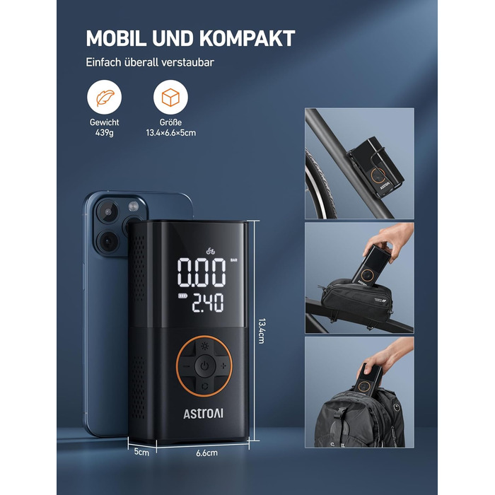 Бездротовий електричний повітряний насос AstroAI, портативний акумуляторний велосипедний насос з усіма клапанами, світлодіодне світло, акумуляторний насос для шин для велосипедів, електровелосипедів, автомобілів, мотоциклів, м&39ячів, чорний