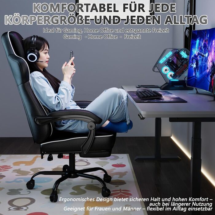 Ергономічне ігрове крісло, офісне крісло з підставкою для ніг, регульоване по висоті та нахилу, надзвичайно широке сидіння (51 см), ергономічна поперекова опора, вантажопідйомність до 150 кг, білий колір