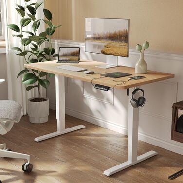 Стіл FEZIBO з регульованою висотою, цільна стільниця, 120 x 60 см, стіл з регульованою висотою та портами зарядки USB-A та USB-C, стіл для роботи сидячи та стоячи для домашнього офісу, стіл для роботи стоячи, дуб 120 x 60 см