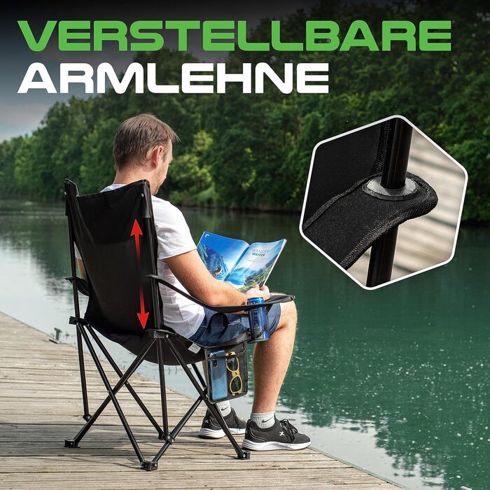Складаний кемпінговий стілець MOUNTREX (до 120 кг) - Складаний стілець з регульованими підлокітниками - Рибальський стілець, Пляжний стілець - Складаний, компактний та легкий - Кемпінговий стілець з тримачем для напоїв та сумкою, Чорний
