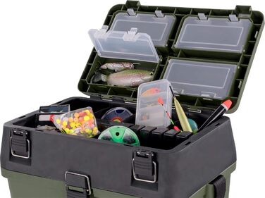 Скринька для рибальських снастей, рибальська сумка, м&39яка скринька для сидіння з функцією сидіння, скринька для снастей з функцією рюкзака та прикріпленими кишенями - включаючи 4 скриньки для рибальських аксесуарів, колір темно-зелений