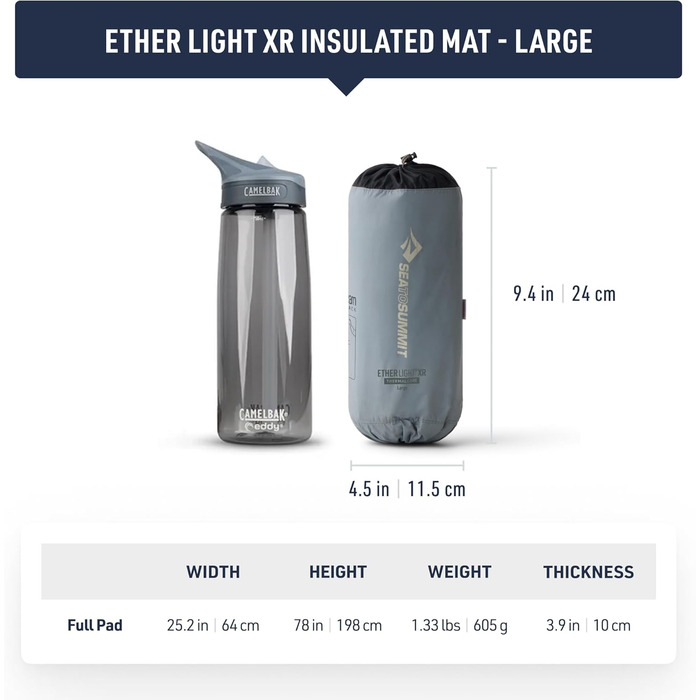 Надувний матрац Ether Light XR Thermo, великий Утеплювач ThermalCore Клапан Xpress Система блокування чохла для речей та подушки Ультракомпактний 3 сезони Для походів Сірий 605 г