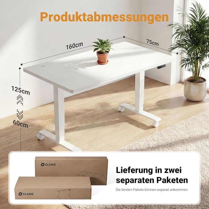 Стіл Claiks з регульованою висотою 16075 см, з 2 електродвигунами, товщиною стільниці 25 мм, вантажопідйомність 130 кг, стіл з регульованою висотою, 3-функціональною пам&39яттю та 4 тихими колесами, білий 160 x 75 см