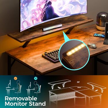 Геймерський стіл Mondeer L-подібної форми зі світлодіодним підсвічуванням, 130 x 130 см, кутовий стіл з 2 портами зарядки USB та 2 розетками живлення, двосторонній стіл з полицею та підставкою для монітора, для домашнього офісу, спальні, коричневий 130 x 