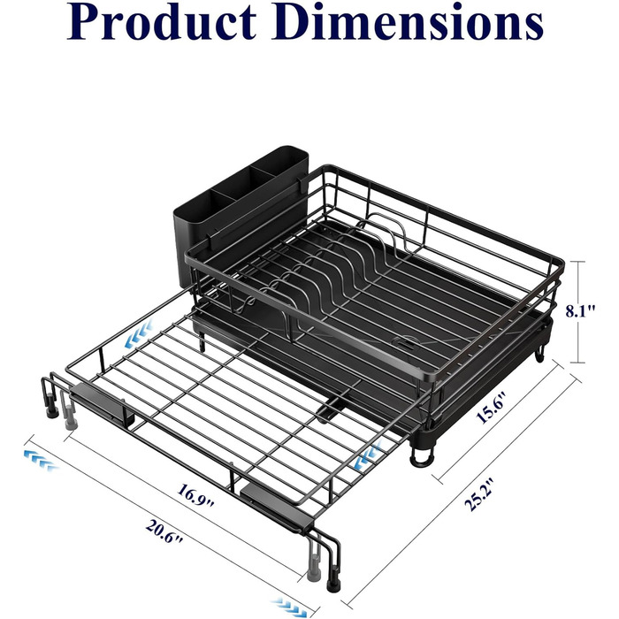 Висувна сушарка для посуду Kitsure сушарка для посуду з нержавіючої сталі з регульованими ніжками, тримачем для столових приборів та знімним підносом, 39,5-64,0 см x 43,0 см x 20,5 см, чорна