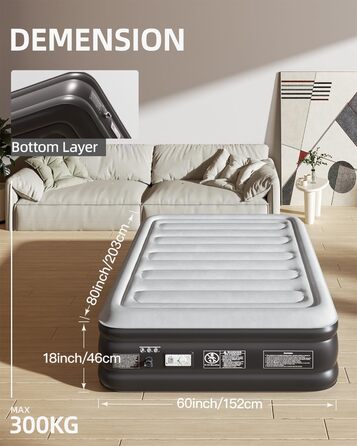 Надувний матрац CHILLSUN для 2 осіб, 203x152x46 см, з електричним насосом, надзвичайно товста водонепроникна флокована поверхня, легко зберігається для кемпінгу та гостьового ліжка
