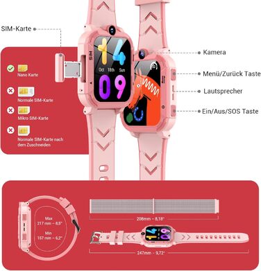 Розумний годинник Blackview Kids, слот для SIM-картки, LBSWiFiGPS-трекер, функція 4G, екстрений виклик SOS, телефонні дзвінки, відеодзвінки, голосовий чат, SMS, шкільний режим, дитячий годинник для дівчаток та хлопчиків, 4G - персиково-рожевий