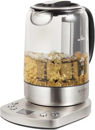 Електричний чайник з налаштуванням температури та автоматичним опусканням вставки ситечка, виготовлений зі скла з функцією збереження тепла, налаштуванням часу заварювання та світлодіодним світлом, адаптованим до сортів чаю, 170 TWE