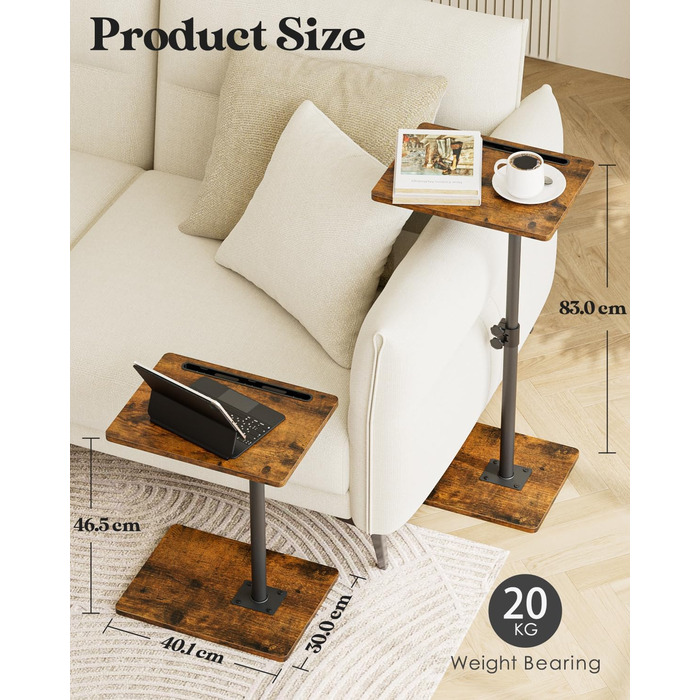 С-подібний журнальний столик, обертовий на 360, невеликий, регульований по висоті диванний столик, 40x30x(45-81) см, дерев&39яний журнальний столик/столик для ноутбука для спальні, вітальні, офісу (колір рустик-коричневий)