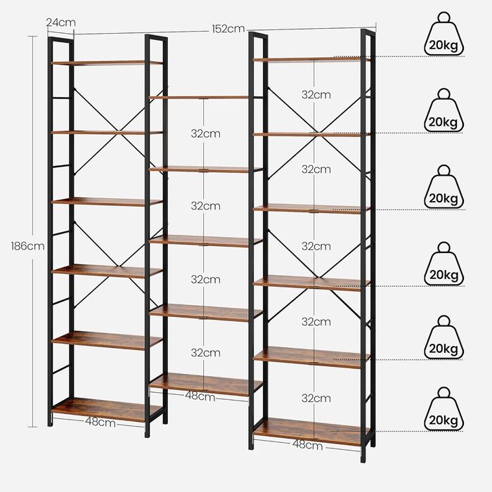 Книжкові полиці Hzuaneri, окремостоячий стелаж, полиця з 17 полицями, 6 ярусів, регульована відстань, 24 x 152 x 186 см, вантажопідйомність 340 кг, вітальня, офіс, вінтажний коричнево-чорний BC10101B