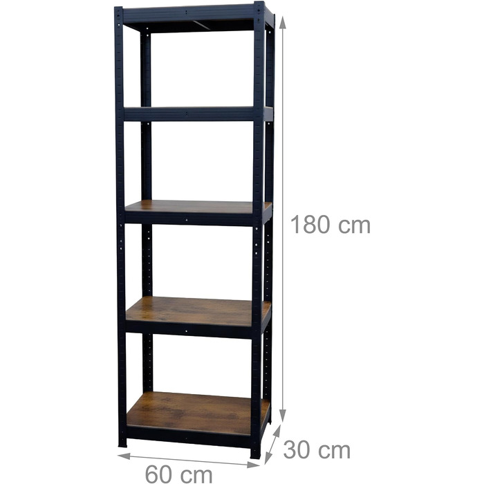 Міцний стелаж Relaxdays, ВШХ 180x60x30 см, 500 кг, 5 полиць, індустріальний стиль, полиця для зберігання в підвалі, вставного типу, чорний/коричневий