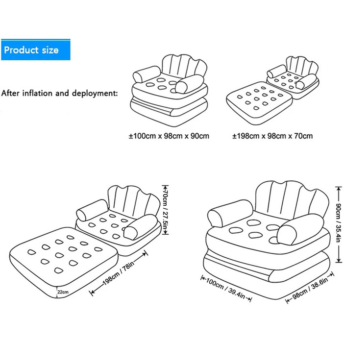 Надувний диван-ліжко, розкладне висувне крісло, надувний диван, багатофункціональний надувний матрац, портативний диван-ліжко для дому, кемпінгу, подорожей
