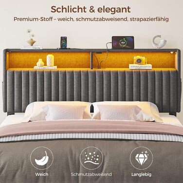 Ліжко Seventable 90x200 із зарядною станцією, металеве ліжко з м&39яким узголів&39ям та світлодіодним підсвічуванням, каркас ліжка з дворівневою полицею, ідеально підходить для дитячих кімнат, кімнат підлітків (сірий) сірий 90 x 200 см