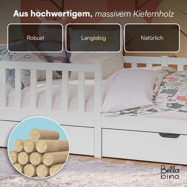Дитяче ліжко Bellabino Vere 90x200 см Ліжко Монтессорі із захистом від падіння, рейковою основою та 2 шухлядами Дитяче ліжко з масиву сосни для хлопчиків та дівчаток Ліжко для малюків білого кольору з місцем для зберігання, біле 90x200 см з шухлядами, мат