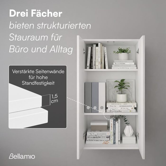 Багатофункціональна шафа Bellamio Ais, ширина 60 см вузька шафа для документів побутова шафа з 3 відділеннями білого кольору універсальна шафа 110 60 33 см настінна шафа з дверцятами, що відкриваються натисканням шафа для взуття, біла, 3 відділення