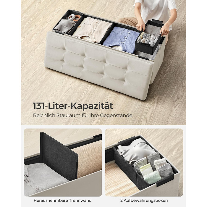 Пуф для зберігання SONGMICS, Складана лавка, 38 x 110 x 38 см Пуф для ніг, Коробка для зберігання, Вантажопідйомність до 300 кг, для вітальні, спальні, коридору, кремово-білий LSF277W01 Кремово-білий 110B см