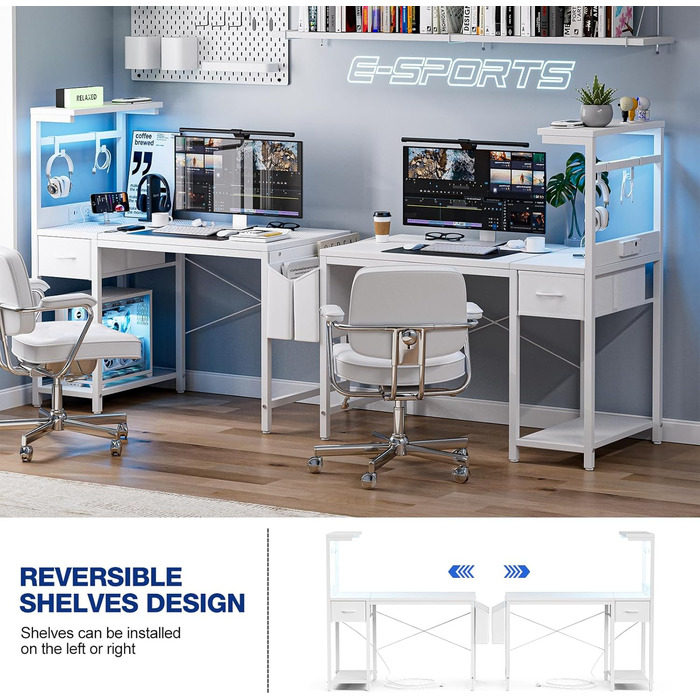 Ігровий стіл Grandder, ігровий стіл 120x50 см з розеткою та світлодіодним освітленням, комп&39ютерний стіл з двосторонніми полицями та шухлядою, ПК-стіл для домашнього офісу з відділенням для зберігання, білий