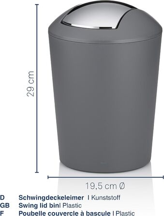 Сірий, відро для сміття з поворотною кришкою, відро для косметики 5 л з поворотною кришкою, пластик, MARTA, відро для сміття у ван