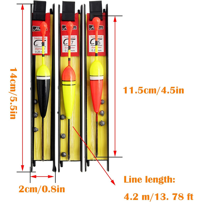 Набір рибальських поплавців Hezhou із 6 предметів Рибальські поплавці Набір рибальських поплавців із грузилом, волосінню та гачками (5, 7, 9) для грубої риби, форелі, вугра, судака Ідеально підходить для озер, річок, струмків і ставків
