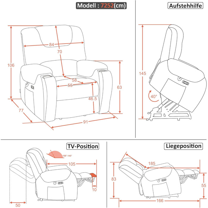 Електричне крісло-реклайнер для телевізора з підйомником, масажем та підігрівом, крісло-реклайнер з функцією нахилу на 145, подушка сидіння з піни 35D, приховані підставки для чашок 7252 (мікрофібра, бежево-коричневий) Бежево-коричнева мікрофібра