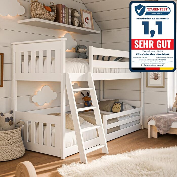 Дитяче ліжко-горище 90x200 см з поручнями та двома рейковими основами білого кольору Ліжко для дівчаток та хлопчиків Дитяче ліжко Підліткове ліжко 90x200 см Для дітей віком від 4 до 18 років 90 x 200 см (матраци не входять до комплекту) Білий