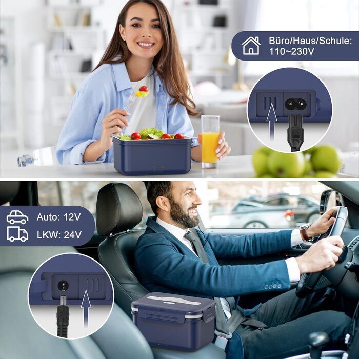 Електричний ланч-бокс потужністю 100 Вт для дорослих, термобокс 3-в-1 12/24/220 В зі столовими приборами та ізольованою сумкою для ланчу, герметичний, великий контейнер об&39ємом 1,8 л, ланч-бокс з відділеннями для автомобіля, вантажівки, офісу, темно-син