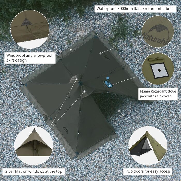 Намет Naturehike Tipi Tent Ridge, індіанський намет на 3-4 особи, водонепроникний, вітрозахисний, легко складаний, пірамідальний, для кемпінгу на свіжому повітрі, сімей, зелений