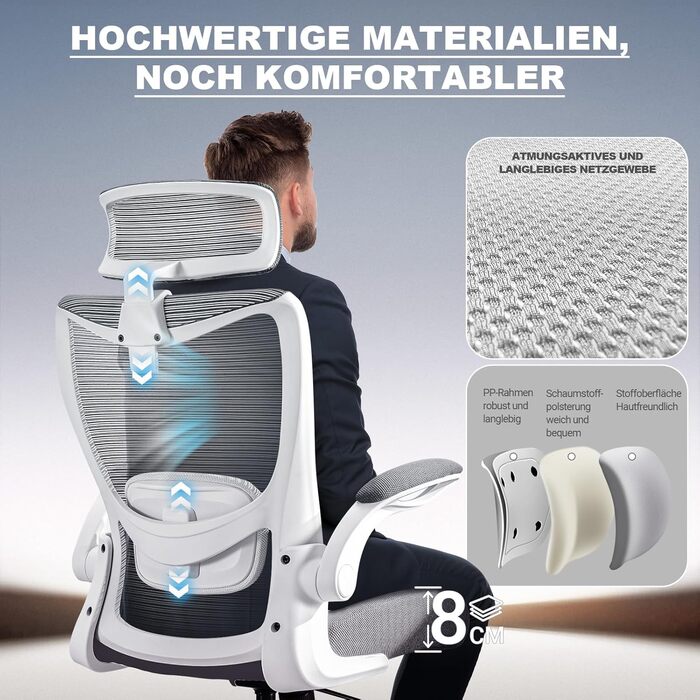 Ергономічне офісне крісло ACMELIFE, стілець для роботи зі складними підлокітниками, комп&39ютерне крісло, комп&39ютерне крісло з регульованим підголівником та поперековою опорою, крісло керівника, регульована висота, функція гойдання, до 150 кг, сірий