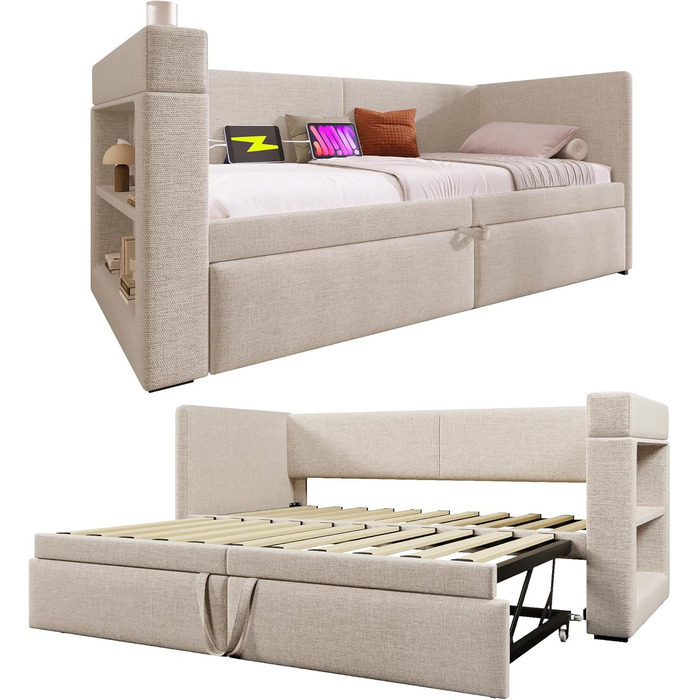 М&39який розкладний диван-ліжко 90/180x200 з USB та портом зарядки Type-C, кушетка з рейковою основою, диван-ліжко, функціональне ліжко, кушетка, без матраца, бежевий бежевий G 90x200