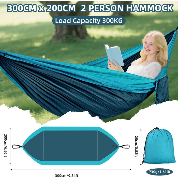 Гамак для кемпінгу на відкритому повітрі, вантажопідйомність 300 кг (300 x 200 см), одинарний або подвійний, надлегкий, портативний, дорожній гамак, садовий, пляжний, подвійний гамак, гамак-парашут, нейлоновий, дихаючий, зелений
