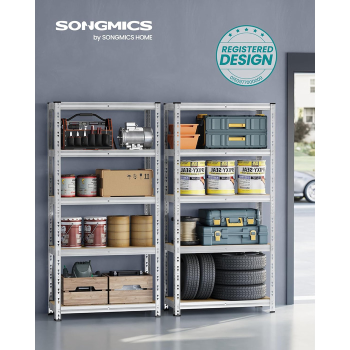 Надміцний стелаж, комплект з 2 шт., полиці для підвалу, 40 x 90 x 180 см, вантажопідйомність до 875 кг, легке складання, полиці для зберігання, регульовані полиці, сріблястий GLR455E01 Комплект з 2 шт. (180 x 90 x 40 см)