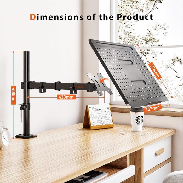 Тримач для монітора Redbat з охолоджувальною підставкою для ноутбука, повністю регульований для LCD/LED екранів 13-32 дюйми та ноутбуків до 16 дюймів, 2 способи кріплення, нахил, поворот та обертання