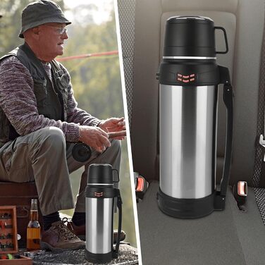 Вакуумно-ізольована пляшка місткість 2 л, металева пляшка для води з нержавіючої сталі для гарячих та холодних напоїв, термопляшка з чашкою без бісфенолу А, портативна дорожня пляшка для води з ручкою для перенесення, 2000 мл