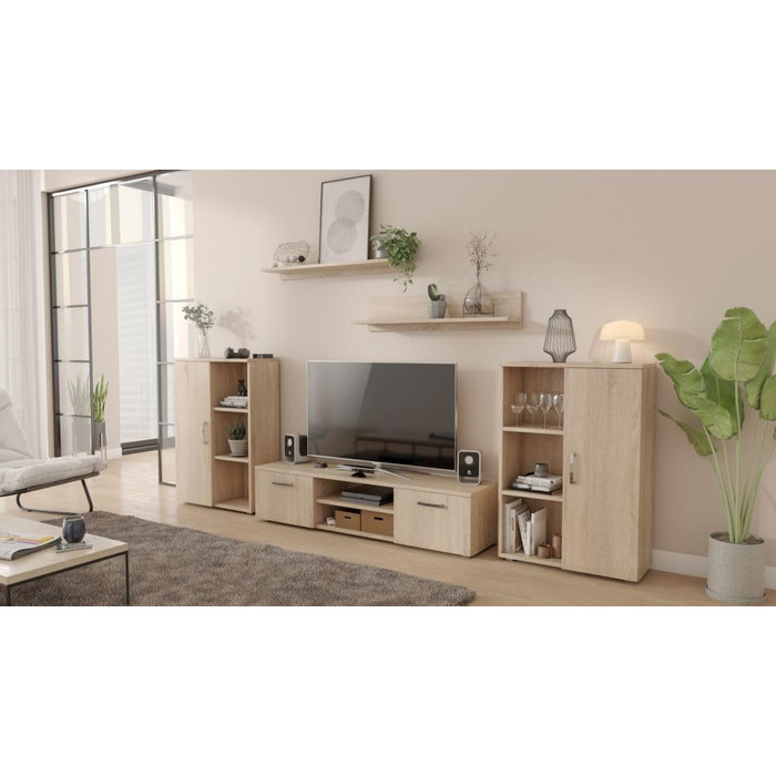 Настінна шафа для вітальні Herkules для життя, сучасна настінна шафа для вітальні, шафа для вітальні з тумбочкою під телевізор, буфетом та настінною полицею, повний комплект меблів для вітальні - Sonoma