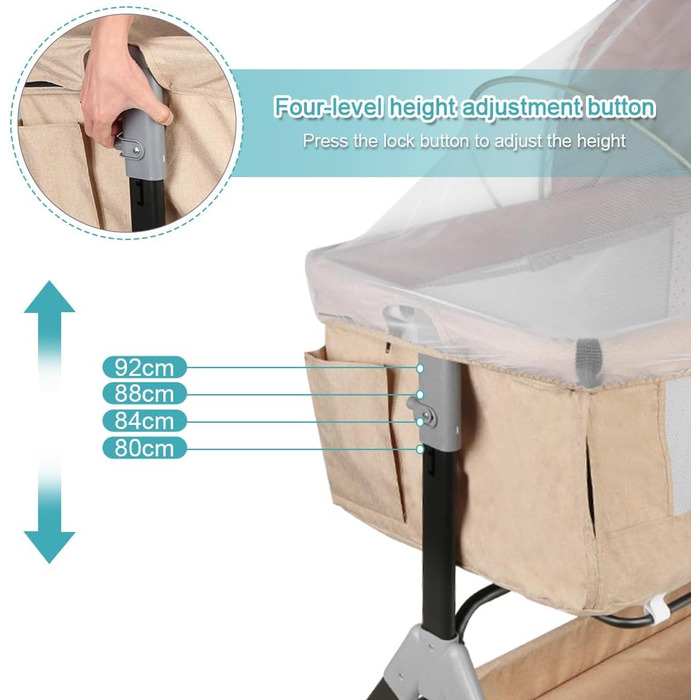 Дитяче ліжечко Kedia з москітною сіткою, дитяче ліжечко та дорожнє ліжечко з колесами, дитяче ліжечко для новонароджених, регульована висота, ліжечко в режимі сну на боці (104 x 52 x 103-115 см, бежево-білий)