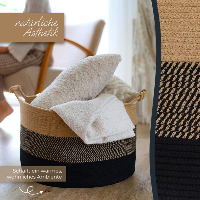 Кошик для зберігання HMF з ручками у формі щасливого вузла, великий бавовняний кошик 50 x 33 см Чорно-медовий