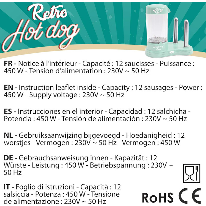 Машина для виготовлення хот-догів ScrapCooking 601 - місткість 12 сосисок і 2 булочки - вінтажний ретро-стиль для вечірок Барбекю Фестивалі Веселощі День народження-Зелений-0601, безпечний для харчових продуктів пластик, білий