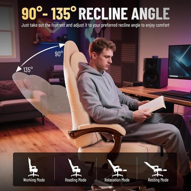 Ігрове крісло Huracan з функцією масажу, ігрове крісло, регульоване та поворотне робоче крісло, ергономічне комп&39ютерне крісло з підставкою для ніг, ігрове крісло зі штучної шкіри, бежевий колір, штучна шкіра, білий колір