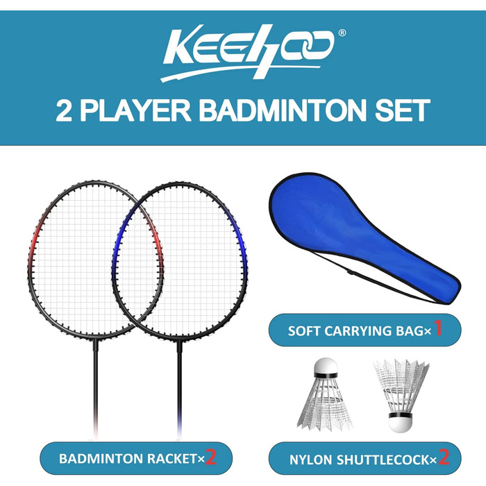 Набір ракеток для бадмінтону KH Badminton Set для 2-4 гравців, для дорослих та дітей, легкий та стабільний, ракетка, волан та сумка для перенесення в комплекті, чорний, червоний, синій (2 гравці)
