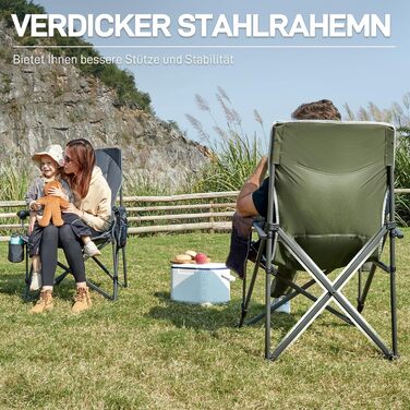 Складаний кемпінговий стілець EVER ADVANCED, вантажопідйомність 230 кг, XL-розмір, ширина сидіння 62 см з бічною кишенею та тримачем для напоїв, великий складний стілець, рибальський стілець для кемпінгу, використання на вулиці, балкон, сад, зелений, клас