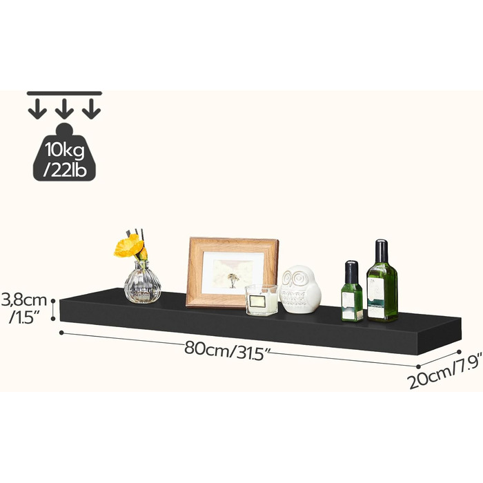Настінна полиця HOOBRO, плаваюча полиця, 2 шт., міцні настінні полиці, підвісні полиці 80 x 20 x 3,8 см, з невидимими кронштейнами, для ванної кімнати, спальні, кухні, офісу, вітальні, чорна EBK80BJP201 Чорний 80 см