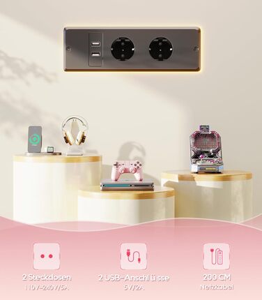 Ігровий стіл OffiGo, стіл з регульованою висотою 140 см, RGB-підсвічуванням та розетками, електричний стіл з 3 відкритими відділеннями для зберігання, тримач для напоїв та навушників, карбонова поверхня білого кольору