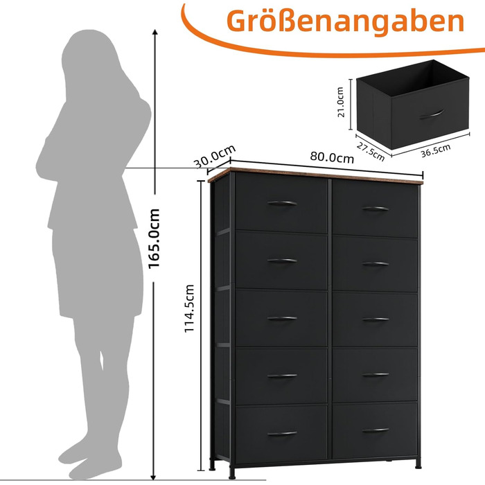 Комод Somdot з тканиною, комод, комод для спальні, вітальні, коридору, шафа для зберігання, комод з тканиною, 10 тканинних шухляд, рустикальний коричневий, 30Г x 80Ш x 114,5В см (10 шухляд)